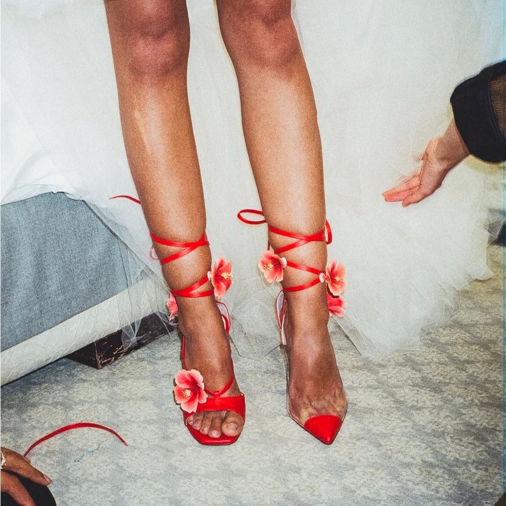 Pointed de Fleur Ankle Tie Pointed Toe Pump Heel Sandals - Picture 6 of 7